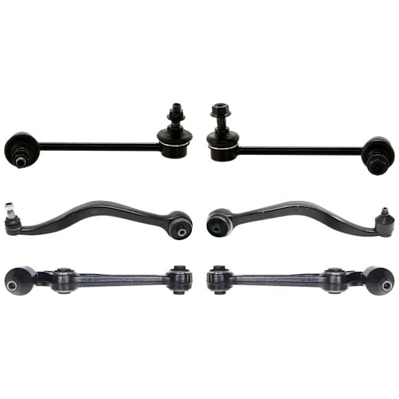 6-Piece Kit Front, Driver and Passenger Side, Lower, Frontward and Rearward Control Arm, includes (4) Control Arm and (2) Sway Bar Link