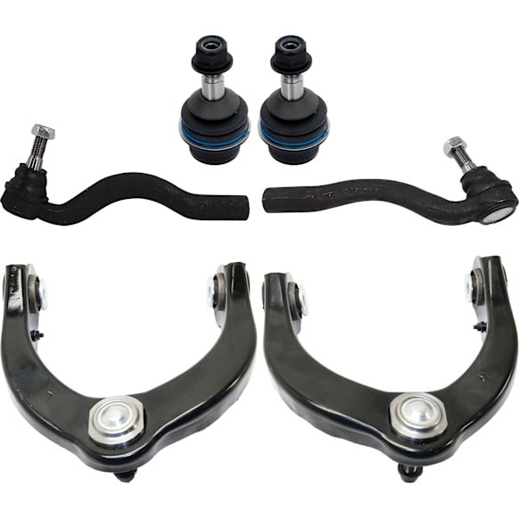 6-Piece Kit Front, Driver and Passenger Side, Upper Control Arm, includes (2) Ball Joint, (2) Control Arm, and (2) Tie Rod End