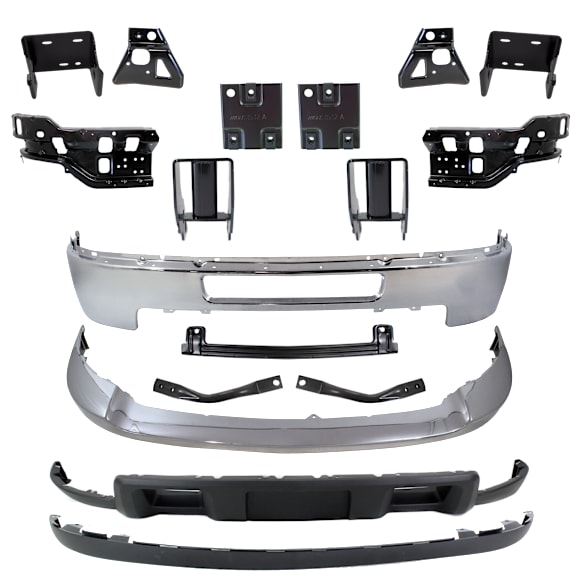 17-Piece Kit, Front Bumper, Chrome, Includes (1) Bumper, (12) Bumper Bracket, (1) Bumper Reinforcement, (1) Bumper Trim, and (2) Valance