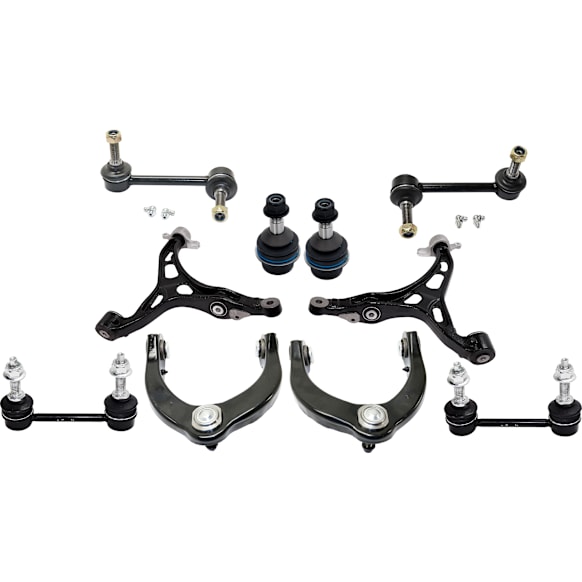 10-Piece Kit Front, Driver and Passenger Side, Upper and Lower Control Arm, includes (2) Ball Joint, (4) Control Arm, and (4) Sway Bar Link