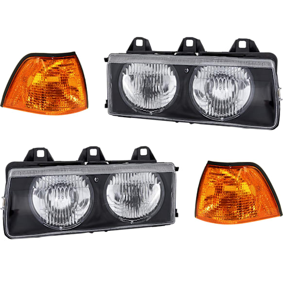 1995-1998 BMW 318i - 4-Piece Kit Driver and Passenger Side Halogen Headlight, With bulb(s), OE Replacement, Includes (2) Corner Light and (2) Headlight