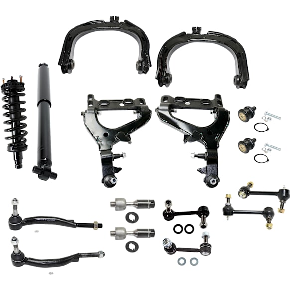 2004 GMC Envoy - 18-Piece Kit Front and Rear, Driver and Passenger Side, Inner and Outer, Upper and Lower Control Arm, 4WD,  Includes (2) Ball Joint, (4) Control Arm, (2) Loaded Strut, (2) Shock Absorber, (4) Sway Bar Link, and (4) Tie Rod End