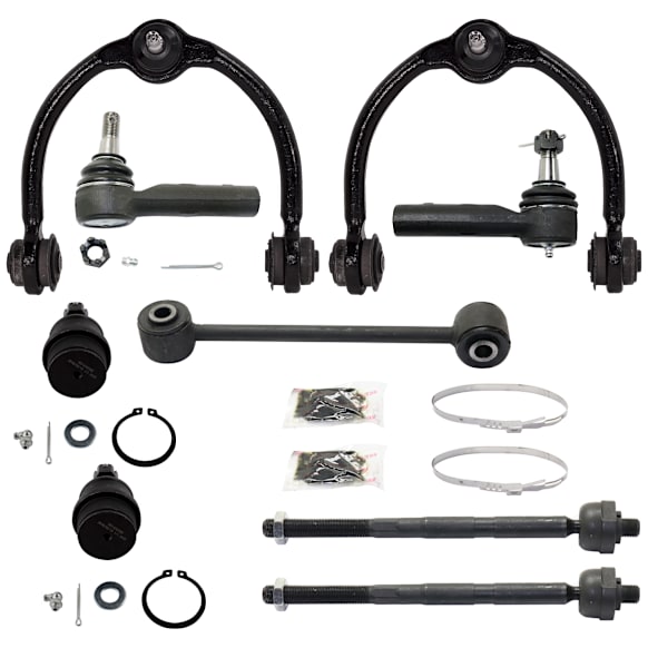 9-Piece Kit Front, Driver and Passenger Side, Inner and Outer, Upper and Lower Control Arm, includes (2) Ball Joint, (2) Control Arm, (1) Sway Bar Link, and (4) Tie Rod End