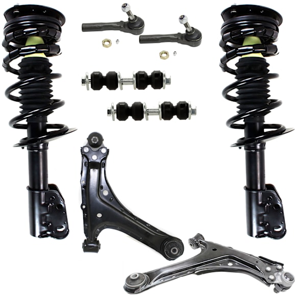 2004 Chevrolet Cavalier Base - 8-Piece Kit Front, Driver and Passenger Side, Inner and Outer, Lower, Front To End Fully Loaded Strut, For Models With Soft Ride Suspension, Heavy Duty Design,  Includes (2) Control Arm, (2) Loaded Strut, (2) Sway Bar Link, and (2) Tie Rod End