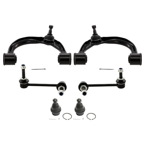 6-Piece Kit Front, Driver and Passenger Side, Inner and Outer, Lower, Front To End Control Arm, includes (2) Ball Joint, (2) Control Arm, and (2) Sway Bar Link
