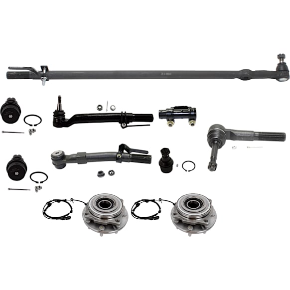 2-Wheel Set Front, Driver and Passenger Side, Upper and Lower, Outer, At Pitman Arm Wheel Hubs, with Bearing, with Ball Joints, Drag Link, Tie Rod Adjusting Sleeve, and Tie Rod Ends, 4WD
