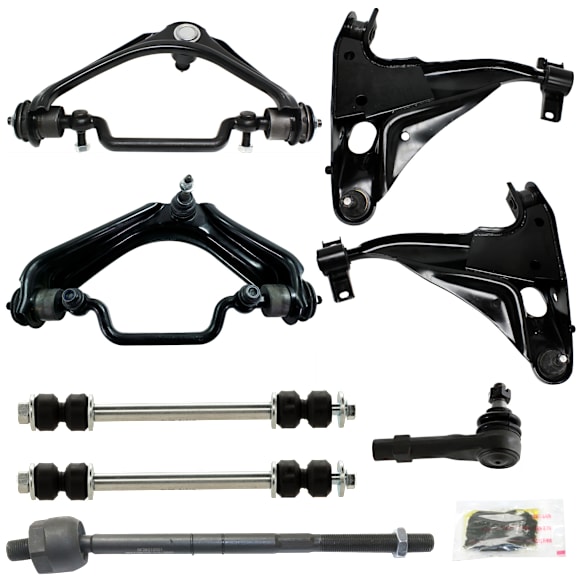 8-Piece Kit Front, Driver and Passenger Side, Inner and Outer, Upper and Lower Control Arm, includes (4) Control Arm, (2) Sway Bar Link, and (2) Tie Rod End