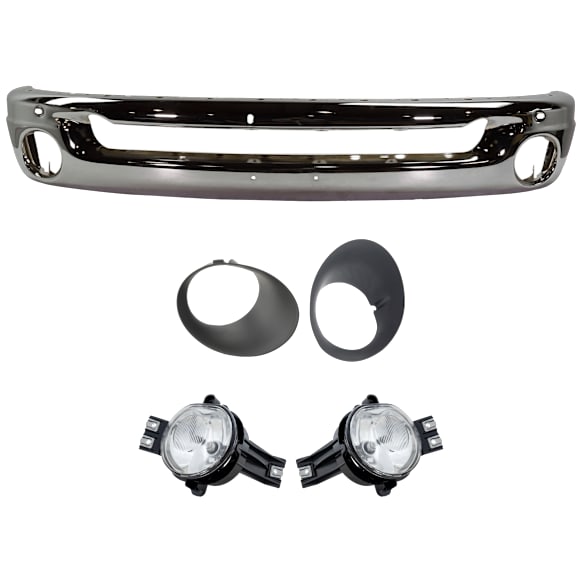 5-Piece Kit, Front Bumper, Chrome, Includes (1) Bumper, (2) Fog Light, and (2) Fog Light Trim