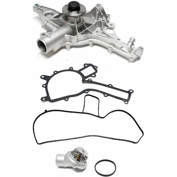 2004 Mercedes Benz C240 Base - 2-Piece Kit Water Pump, GAS, With Engine Oil Cooler, New, 2.6L 6Cyl,  Includes (1) Water Outlet, (1) Water Pump