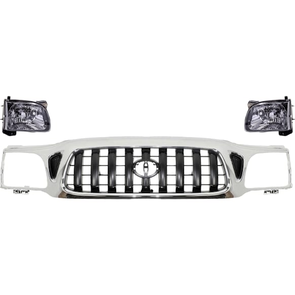 2002 Toyota Tacoma - 3-Piece Kit Grille, Chrome Shell with Painted Dark Gray Insert, Standard Cab Pickup,  Includes (1) Grille Assembly and (2) Headlight