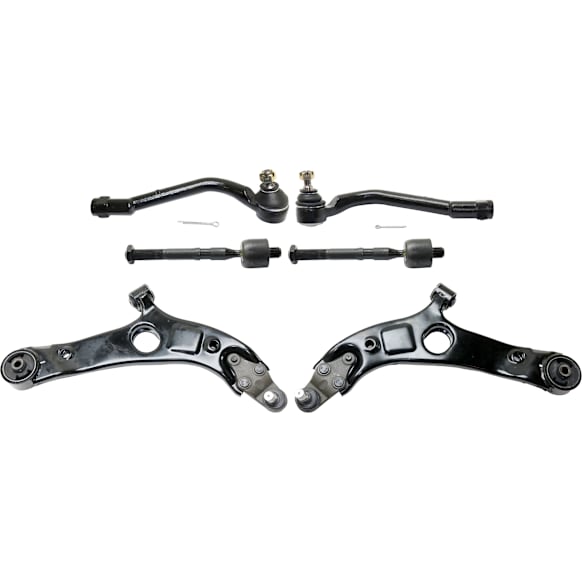 6-Piece Kit Front, Driver and Passenger Side, Lower Control Arm, includes (4)Tie Rod End and (2)Control Arm