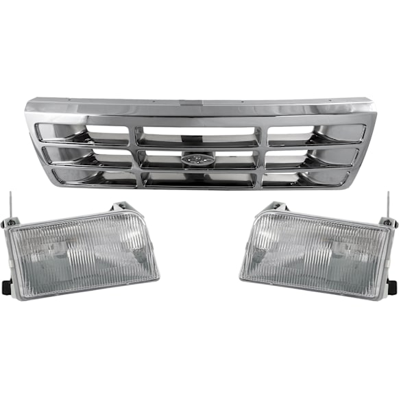 3-Piece Kit Grille with Headlights, Chrome Shell/Painted Gray Insert