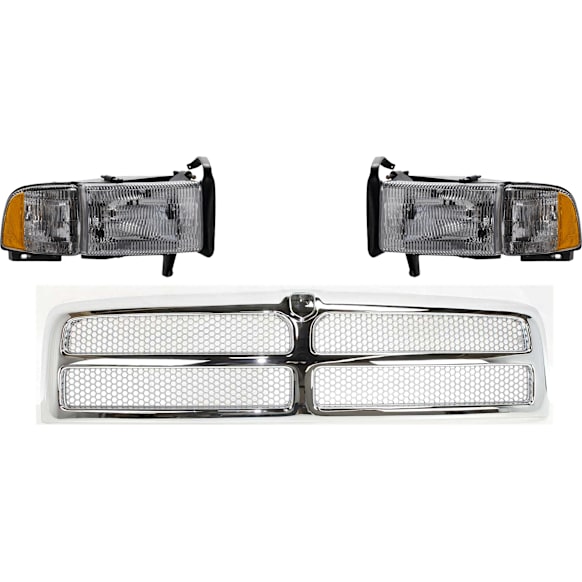 1996 Dodge Ram 1500 - 3-Piece Kit Grille, Chrome Shell with Painted Silver Insert, Standard Cab Pickup,  Includes (1) Grille Assembly and (2) Headlight