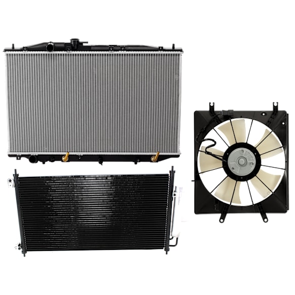 3-Piece Kit A/C Condenser, includes (1) A/C Condenser, (1) Cooling Fan Assembly and (1) Radiator, 3.2 and 3.5L Eng., 6 Cyl.