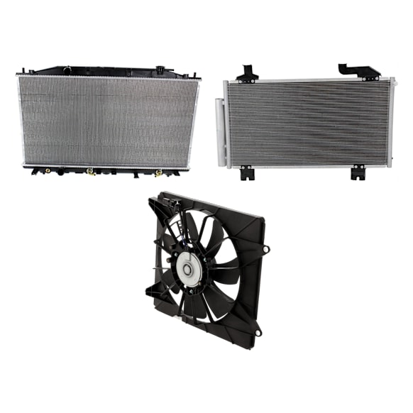 3-Piece Kit A/C Condenser, includes (1) A/C Condenser, (1) Cooling Fan Assembly and (1) Radiator, 2.4L Eng., 4 Cyl.
