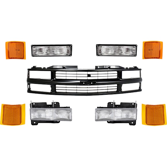 1994 Chevrolet K2500 Silverado - 9-Piece Kit Grille, Painted Black, For Models With Composite Headlamps,  Includes (1) Grille Assembly, (2) Headlight, (2) Reflector, (2) Side Marker, and (2) Turn Signal Light