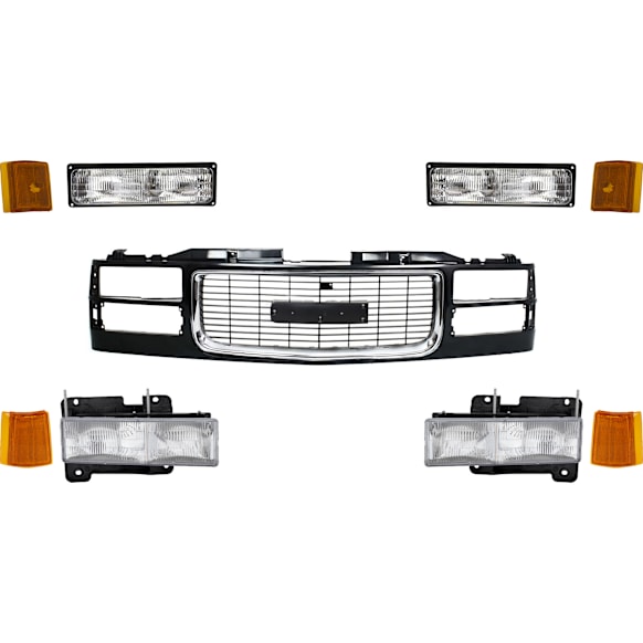 1998 GMC K1500 - 9-Piece Kit Grille, Black, For Models With Composite Headlights,  Includes (1) Grille Assembly, (2) Headlight, (2) Reflector, (2) Side Marker, and (2) Turn Signal Light