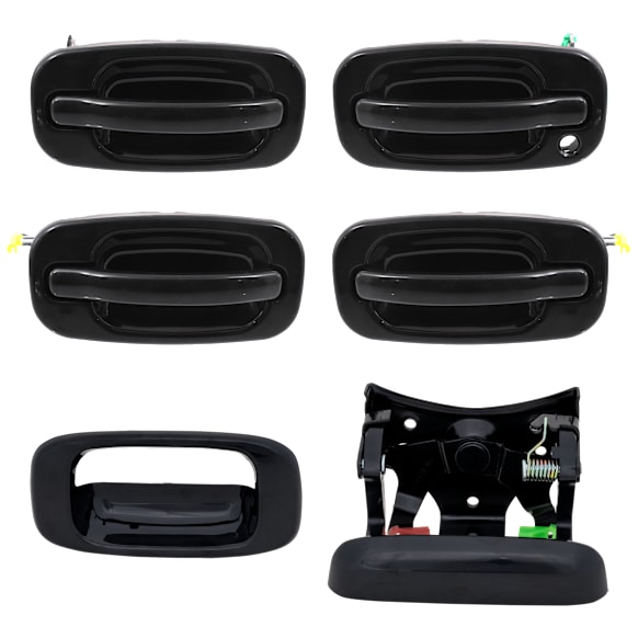 2001-2006 Chevrolet Silverado 1500 HD - 6-Piece Kit Tailgate Handle and Bezel, Smooth Black, Plastic, Without Camera Hole, Without Key Hole, Includes (4) Exterior Door Handle and (2) Tailgate Handle