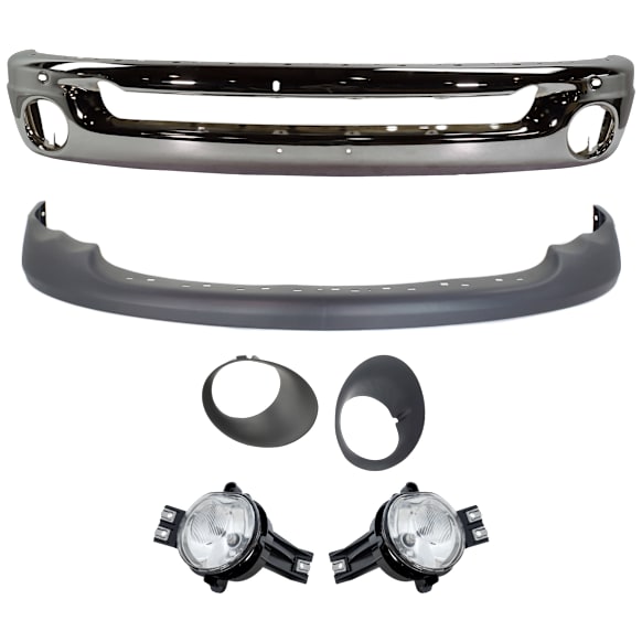 6-Piece Kit, Front Bumper, Chrome, Includes (1) Bumper, (2) Fog Light, (2) Fog Light Trim, and (1) Valance