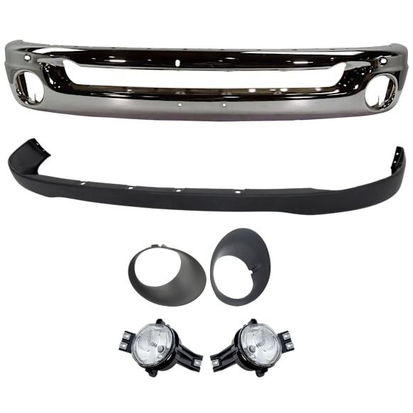6-Piece Kit Front Bumper, Chrome, Includes (1) Bumper, (1) Bumper Cover, (2) Fog Light, and (2) Fog Light Trim