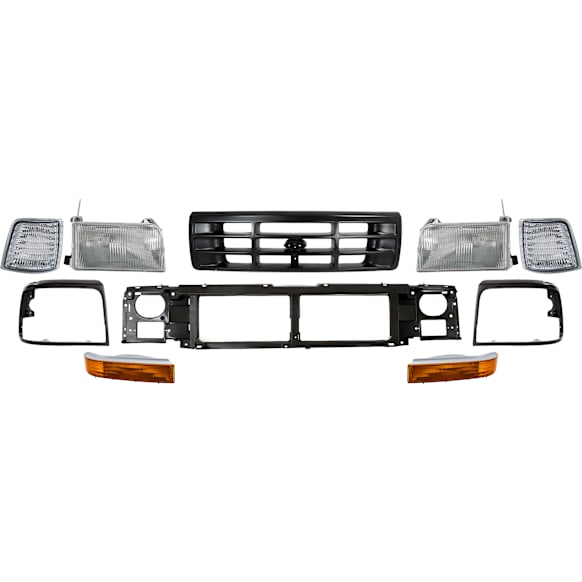 1995 Ford F-150 - 9-Piece Kit Grille, Painted Black,  Includes (1) Corner Light, (1) Grille Assembly, (1) Header Panel, (2) Headlight, (2) Headlight Door, and (2) Turn Signal Light