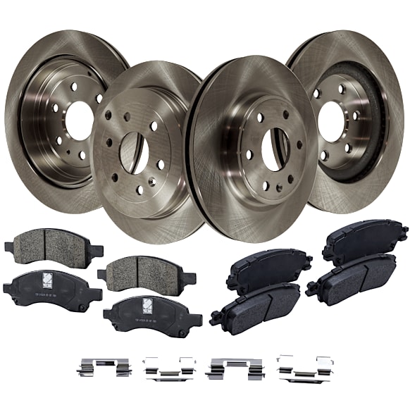 2009 Saturn Outlook - 8-Piece Kit Front and Rear Brake Disc and Pad Kit, Plain Surface, 6 Lugs, Front-Ceramic/Rear-Semi-Metallic, 3.6L 6Cyl, Pro-Line Series  Includes (4) Brake Disc and (2) Brake Pad Set