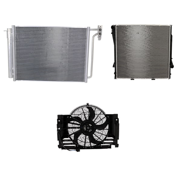 2005 BMW X5 - 3-Piece Kit A/C Condenser, 3.0L 6Cyl,  Includes (1) A/C Condenser, (1) Cooling Fan Assembly, and (1) Radiator