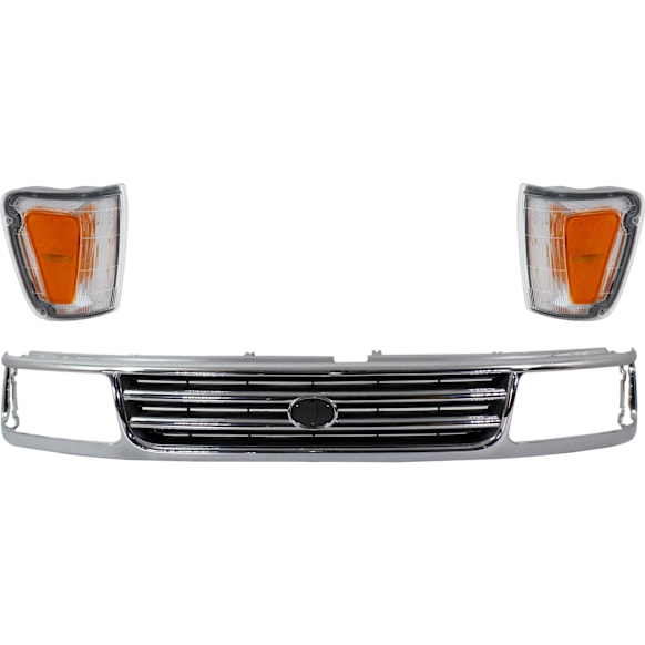 1993-1998 Toyota T100 - 3-Piece Kit Grille Chrome Shell with Painted Black Insert, Includes (2) Corner Light and (1) Grille Assembly