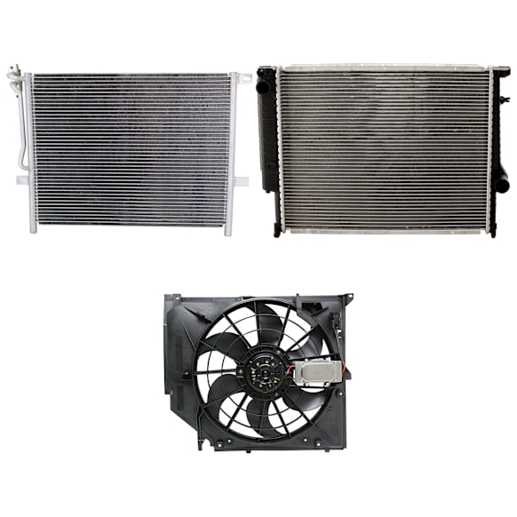 1999 BMW 328i - 3-Piece Kit A/C Condenser, mfrbodycodename : E4, 2.8L 6Cyl,  Includes (1) A/C Condenser, (1) Cooling Fan Assembly, and (1) Radiator