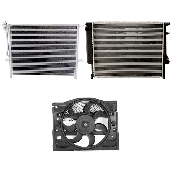 3-Piece Kit A/C Condenser, includes (1) A/C Condenser, (1) Cooling Fan Assembly and (1) Radiator, 2.5L Eng., 6 Cyl.