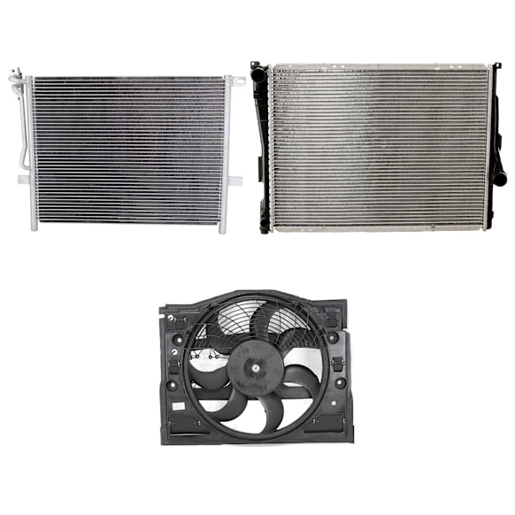 3-Piece Kit A/C Condenser, includes (1) A/C Condenser, (1) Cooling Fan Assembly and (1) Radiator, 2.2L, 2.5L, 2.8L, 3.0L Eng.L Eng., 6 Cyl., (A3 15-16, 1.8L Eng.)