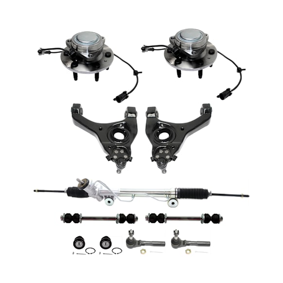 11-Piece Kit Steering Rack with Control Arms, Wheel Hubs, Tie Rod Ends, Ball Joints, and Sway Bar Links, Power, RWD