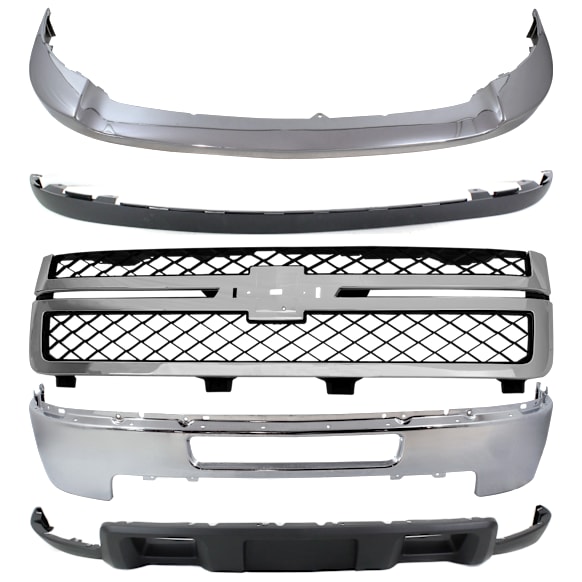 2012 Chevrolet Silverado 2500 HD LT - 5-Piece Kit Front Bumper, Chrome,  Includes (1) Bumper, (1) Bumper Trim, (1) Grille Assembly, and (2) Valance