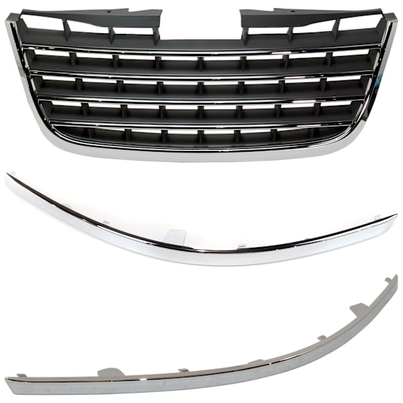 3-Piece Kit Front, Driver and Passenger Side Bumper Trim, Chrome, includes (2) Bumper Trim, and (1) Grille Assembly