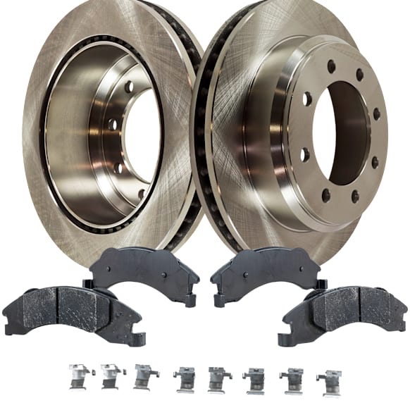 2018 Ford E-350 Super Duty - 2-Wheel Set Rear Brake Disc and Pad Kit, Plain Surface, 8 Lugs, 344.93 mm, Semi-metallic, SRW, 6.8L 10Cyl, Pro-Line Series  Includes (2) Disc and (1) Pad Set