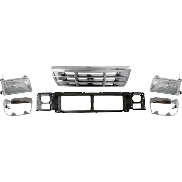 6-Piece Kit Grille Chrome Shell with Painted Gray Insert, Includes (1) Grille Assembly, (1) Header Panel, (2) Headlight, and (2) Headlight Door