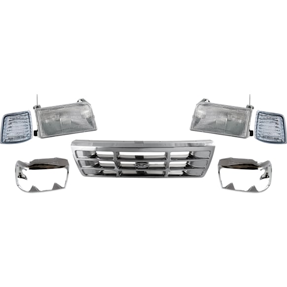 1992-1996 Ford F-150 - 7-Piece Kit Grille Chrome Shell with Painted Gray Insert, Includes (2) Corner Light, (1) Grille Assembly, (2) Headlight, and (2) Headlight Door
