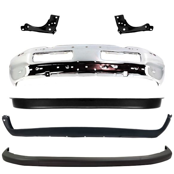 1997-2002 Dodge Ram 2500 - 6-Piece Kit, Front Bumper, Chrome, Includes (1) Bumper, (2) Bumper Bracket, (2) Bumper Cover, and (1) Valance