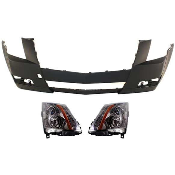 2008-2014 Cadillac CTS - 3-Piece Kit Driver and Passenger Side Halogen Headlight, With bulb(s), OE Replacement, Exc. V Model, CAPA Certified, Includes (1) Bumper Cover and (2) Headlight