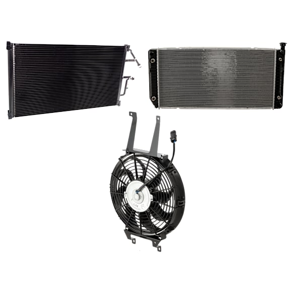 3-Piece Kit A/C Condenser, includes (1) A/C Condenser, (1) Cooling Fan Assembly and (1) Radiator, 5.0L/5.7L Eng., 8 Cyl.