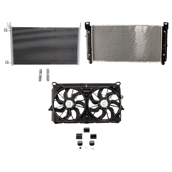 3-Piece Kit A/C Condenser, includes (1) A/C Condenser, (1) Cooling Fan Assembly and (1) Radiator, 4.8L/5.3L/6.0L/6.2L Eng., 8 Cyl.