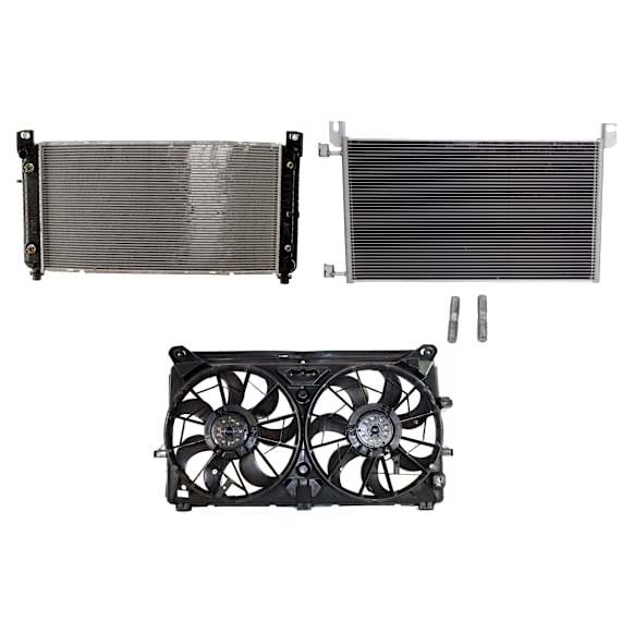 3-Piece Kit A/C Condenser, includes (1) A/C Condenser, (1) Cooling Fan Assembly and (1) Radiator, 4.8L/5.3L/6.0L/6.2L Eng., 8 Cyl.