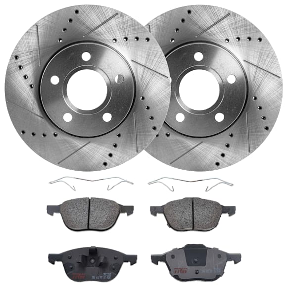 2016 Ford Focus - 2-Wheel Set Front Brake Disc and Pad Kit, Cross-drilled and Slotted, 5 Lugs, 277.88 mm, Semi-metallic, For Models With Rear Disc Brake, 1.0L 3Cyl,  Includes (2) Disc and (1) Pad Set