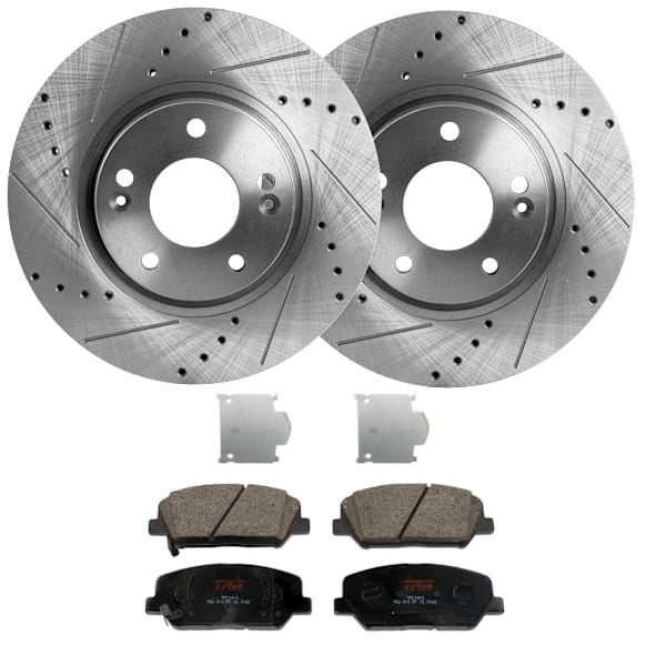 2015 Kia Optima - 2-Wheel Set Front Brake Disc and Pad Kit, Cross-drilled and Slotted, 5 Lugs, 300 mm, Ceramic, 300mm  Disc or 320mm  Disc, USA Built Vehicle, 2.4L 4Cyl,  Includes (2) Disc and (1) Pad Set