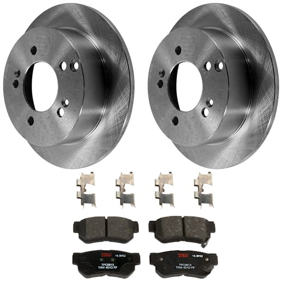2007 Kia Optima - 4-Piece Kit Rear Brake Disc and Pad Kit, Plain Surface, 5 Lugs, Ceramic, 2.7L 6Cyl,  Includes (2) Brake Disc and (1) Brake Pad Set