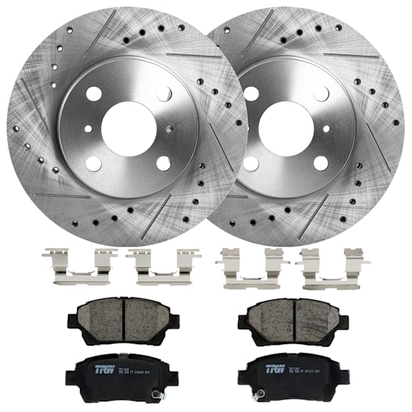 2006 Scion xA - 4-Piece Kit Front Brake Disc and Pad Kit, Cross-drilled and Slotted, 4 Lugs, Ceramic, 1.5L 4Cyl,  Includes (2) Brake Disc and (1) Brake Pad Set