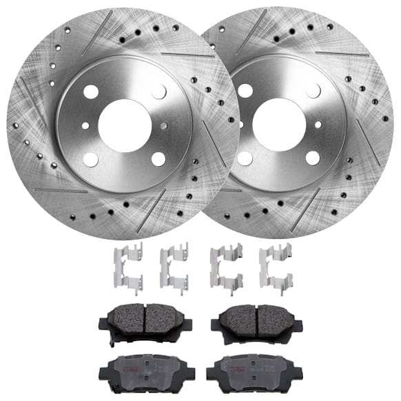 2006 Scion xA - 4-Piece Kit Front Brake Disc and Pad Kit, Cross-drilled and Slotted, 4 Lugs, Ceramic, 1.5L 4Cyl,  Includes (2) Brake Disc and (1) Brake Pad Set