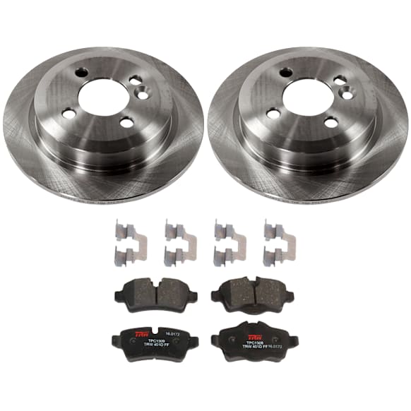 2013 Mini Cooper - 2-Wheel Set Rear Brake Disc and Pad Kit, Plain Surface, 4 Lugs, 258.83 mm, Semi-metallic, 259mm  Disc, For Models Without JCW Brakes, 1.6L 4Cyl,  Includes (2) Disc and (1) Pad Set