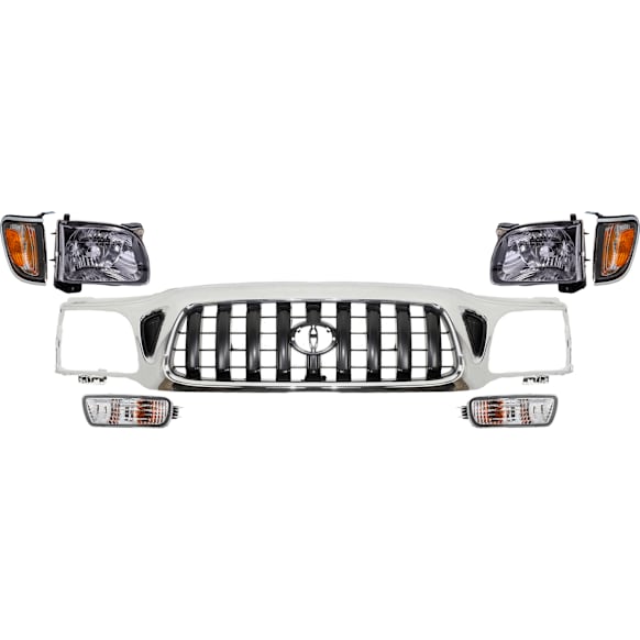 7-Piece Kit Grille Chrome Shell with Painted Dark Gray Insert, Includes (2) Corner Light, (1) Grille Assembly, (2) Headlight, and (2) Turn Signal Light