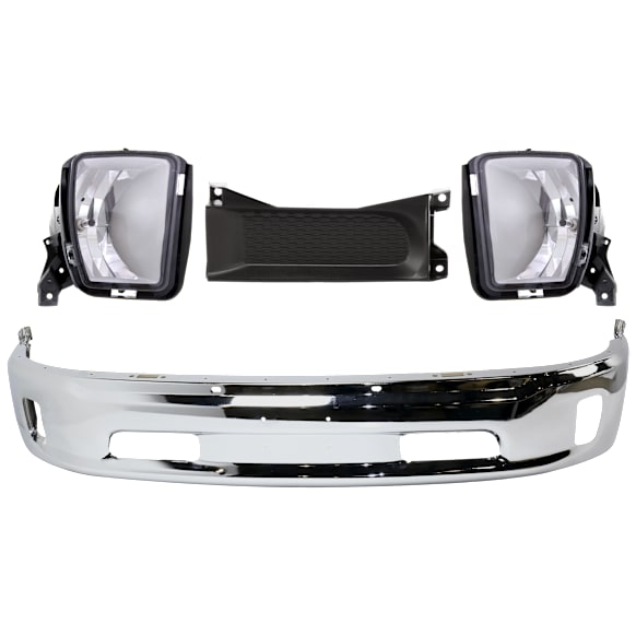 2014 Ram 1500 Tradesman - 5-Piece Kit Front, Lower Bumper, For Models With Two Piece  Type, Fog Lamps and Ram Logo On Grille, Without Parking Sensors, Chrome,  Includes (1) Bumper, (2) Bumper Trim, and (2) Fog Light